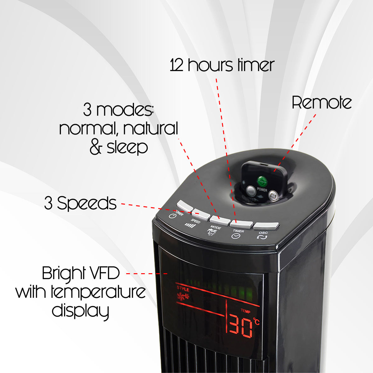 46" Tower Fan – Remote Control, Oscillation, Timer, 3 Modes, Digital display, Portable, Energy-efficient, 3-Speed, grey, PPTF460