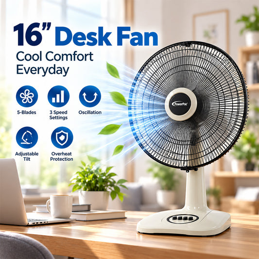 PowerPac 16" Desk Fan – 5-Blades, High Velocity, Adjustable Tilt, Oscillation, Sturdy, Overheat Protection, 4-Speed, white, PPTF626