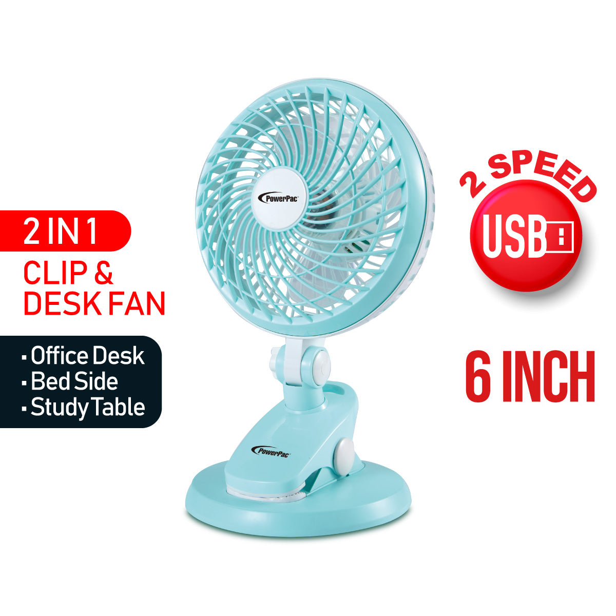 6" Clip/Table Fan – USB, Detachable Base, Strong Airflow, Adjustable Tilt, Portable, Durable, 2-Speed, blue, PPPUF221