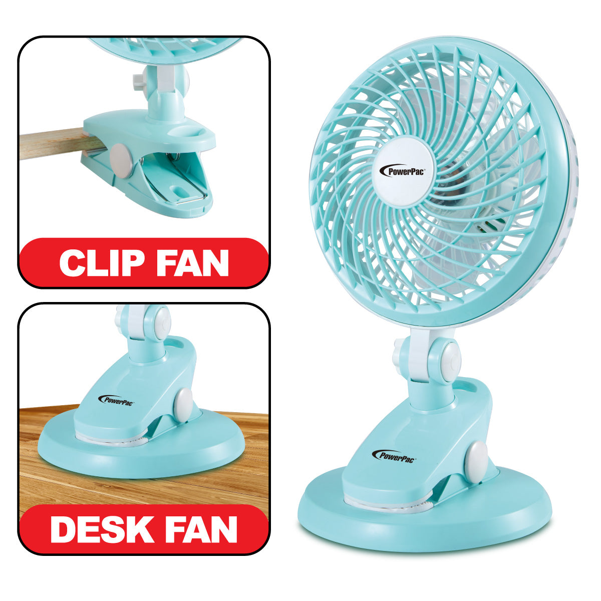 6" Clip/Table Fan – USB, Detachable Base, Strong Airflow, Adjustable Tilt, Portable, Durable, 2-Speed, blue, PPPUF221