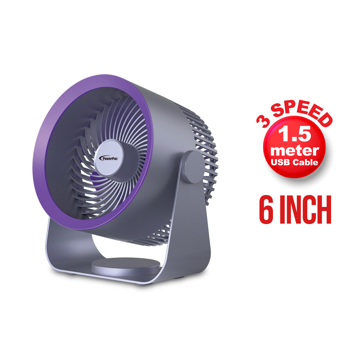 6" Table/Wall Fan – USB, Air Circulator, High Velocity, Adjustable Tilt, Portable, Sturdy, 3-Speed, grey, PPUF224