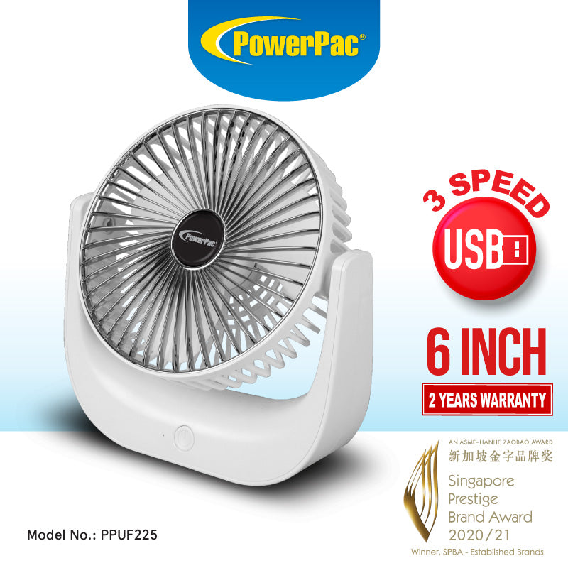 6" Table Fan – USB, Rechargeable, Portable Wireless, Strong Airflow, 120° Adjustable Tilt, 3-Speed, white, PPUF225