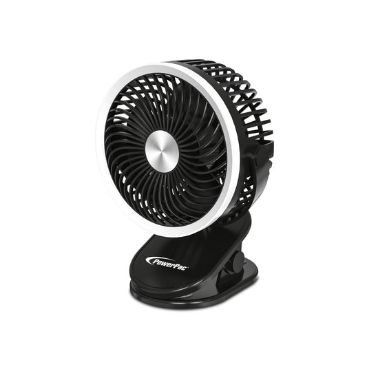 3" Clip/Table Fan – USB, Rechargeable, Portable Wireless, 360° Adjustable Tilt, LED lights, Compact, 3-Speed, black, PPUF226