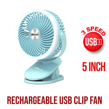 3" Clip/Table Fan – USB, Rechargeable, Portable Wireless, 360° Adjustable Tilt, LED lights, Compact, 3-Speed, blue, PPUF226