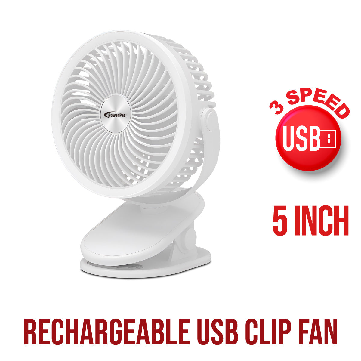 3" Clip/Table Fan – USB, Rechargeable, Portable Wireless, 360° Adjustable Tilt, LED lights, Compact, 3-Speed, white, PPUF226