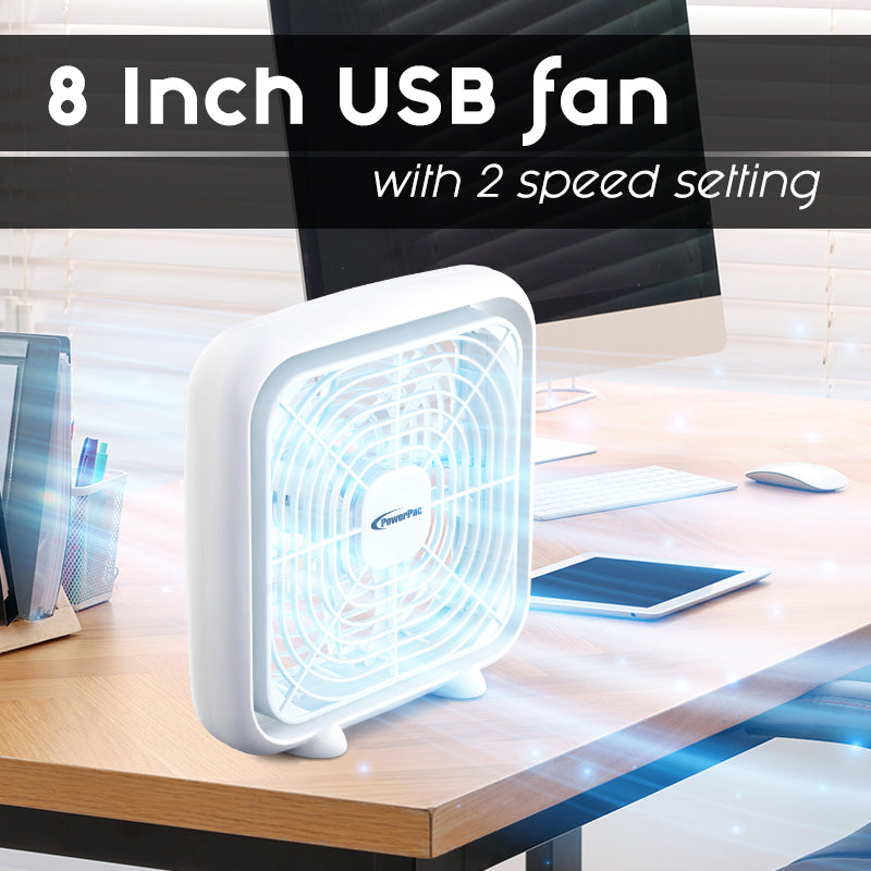 8" Box Fan – USB, Portable, 90° Vertical Adjustable Tilt, Strong Airflow, Durable, Compact, Quiet, 2-Speed, white, PPUF229