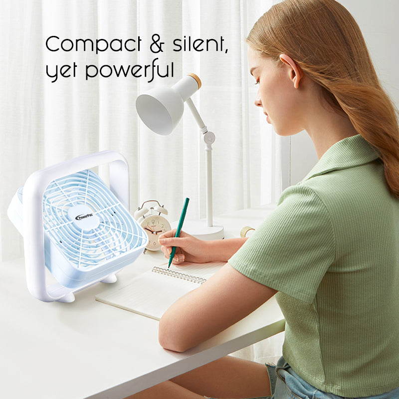 8" Box Fan – USB, Portable, 90° Vertical Adjustable Tilt, Strong Airflow, Durable, Compact, Quiet, 2-Speed, white, PPUF229