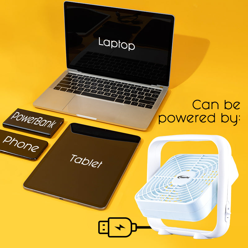 8" Box Fan – USB, Portable, 90° Vertical Adjustable Tilt, Strong Airflow, Durable, Compact, Quiet, 2-Speed, white, PPUF229