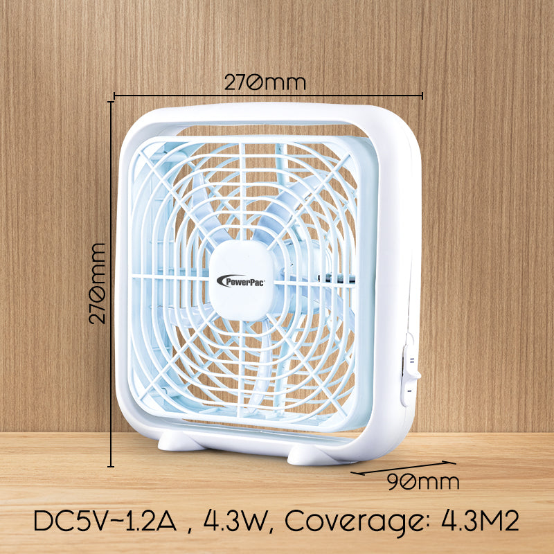 8" Box Fan – USB, Portable, 90° Vertical Adjustable Tilt, Strong Airflow, Durable, Compact, Quiet, 2-Speed, white, PPUF229