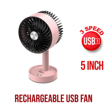 5" Table Fan – USB, Rechargeable, Portable Wireless, Adjustable Tilt, LED lights, Sturdy, 3-Speed, pink, PPUF230