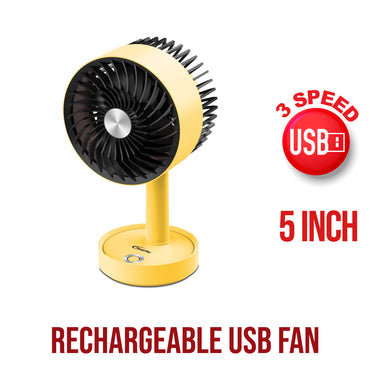 5" Table Fan – USB, Rechargeable, Portable Wireless, Adjustable Tilt, LED lights, Sturdy, 3-Speed, yellow, PPUF230