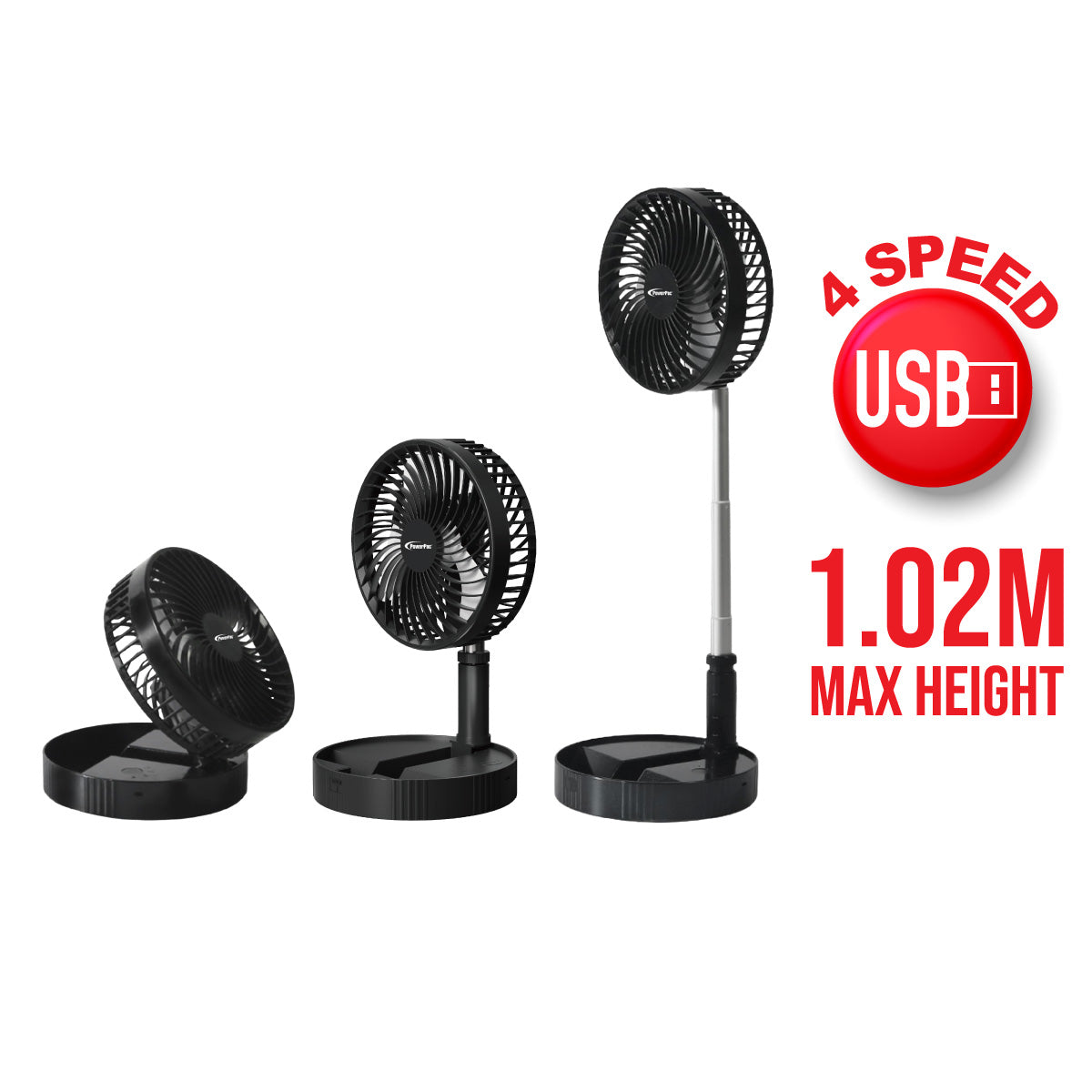8" Foldable Stand/Table Fan – USB, Rechargeable, Portable Wireless, Adjustable Tilt & Height, 4-Speed, black, PPUF234