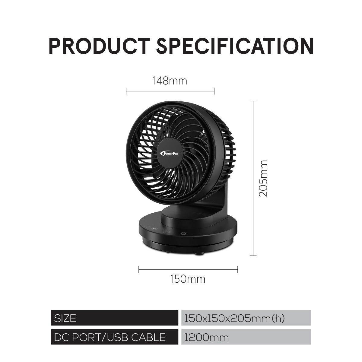 6" Table Fan – USB, Air Circulator, Strong Airflow, Adjustable Tilt, Oscillation, Sturdy & Durable, 3-Speed, black, PPUF237