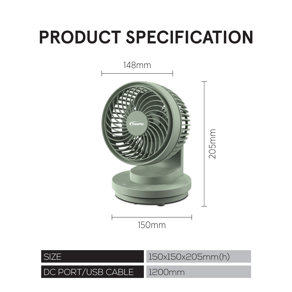 6" USB Portable Desk Fan – Air Circulator, 3 Speeds, Oscillation, 90-degree Tilt Adjustable, PPUF237 Green