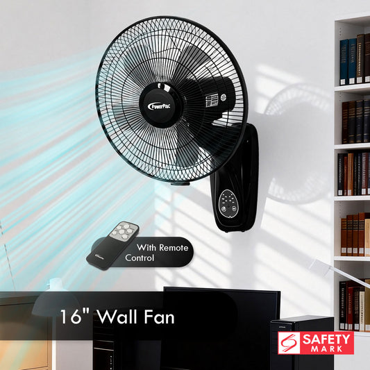 16" Wall Fan – Remote Control, Adjustable Tilt, Wide Oscillation, Safe & Easy Installation, Thermal Protection, 3-Speed, black, PPWF40R