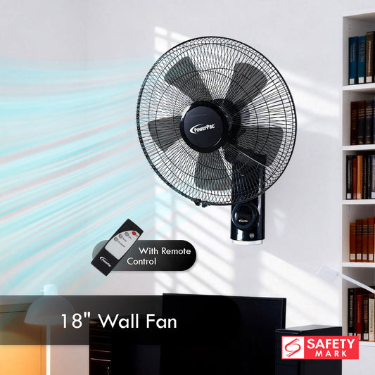 18" Wall Fan – Remote Control, Adjustable Tilt, Oscillation, Safe & Easy Installation, Thermal Protection, 3-Speed, black, PPWF98R