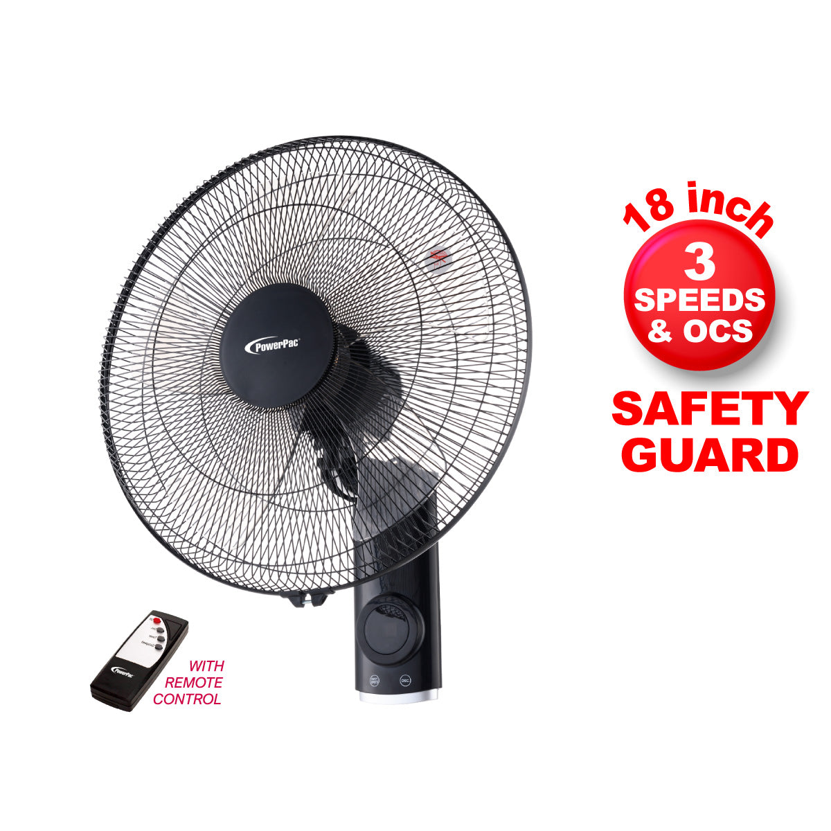 18" Wall Fan – Remote Control, Adjustable Tilt, Oscillation, Safe & Easy Installation, Thermal Protection, 3-Speed, black, PPWF98R
