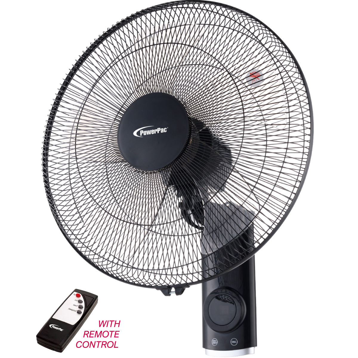 18" Wall Fan – Remote Control, Adjustable Tilt, Oscillation, Safe & Easy Installation, Thermal Protection, 3-Speed, black, PPWF98R