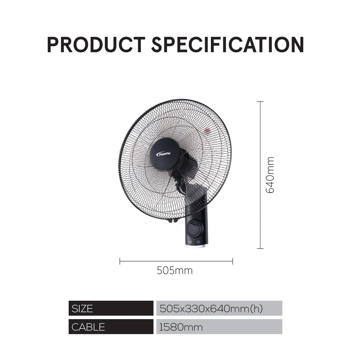 18" Wall Fan – Remote Control, Adjustable Tilt, Oscillation, Safe & Easy Installation, Thermal Protection, 3-Speed, black, PPWF98R