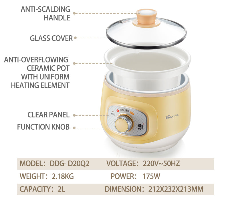 Bear Electric Slow Cooker with Ceramic pot 2.0L (DDG-D20Q2) - PowerPacSG