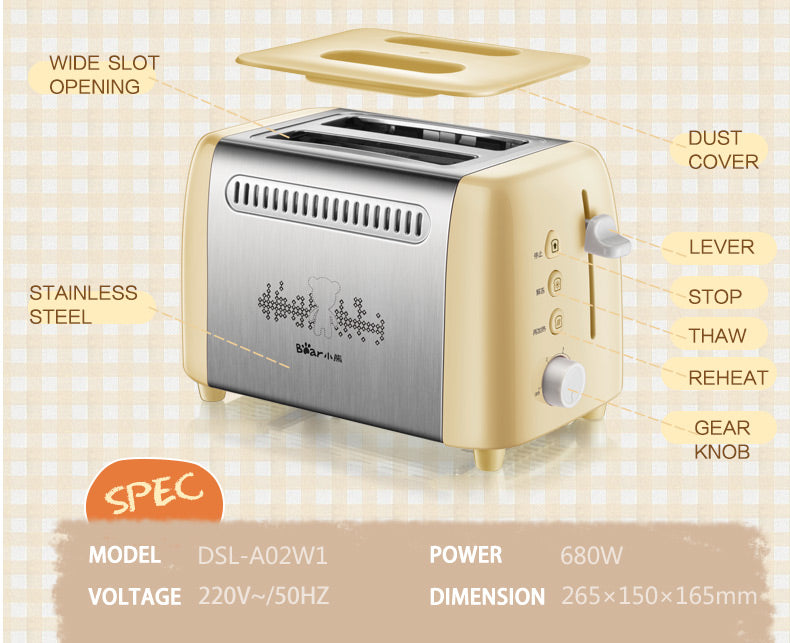 Bear 2 Slice Pop-up Bread Toaster (DSL-A02W1) - PowerPacSG