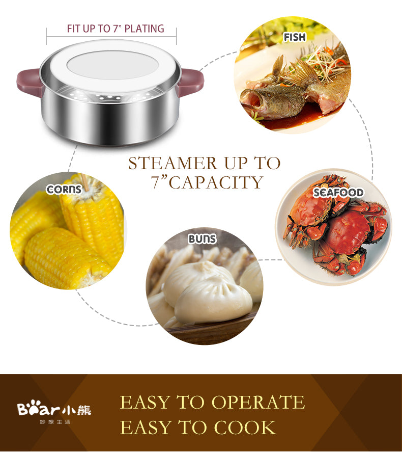 Bear 2 Tier Intelligent Electric Stainless Steel Food Steamer Convenient Steamer 8.0L 800Watt (DZG-D80A1) - PowerPacSG