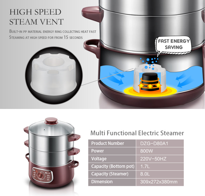 Bear 2 Tier Intelligent Electric Stainless Steel Food Steamer Convenient Steamer 8.0L 800Watt (DZG-D80A1) - PowerPacSG