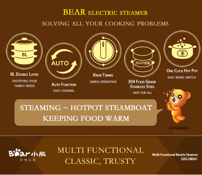 Bear 2 Tier Intelligent Electric Stainless Steel Food Steamer Convenient Steamer 8.0L 800Watt (DZG-D80A1) - PowerPacSG