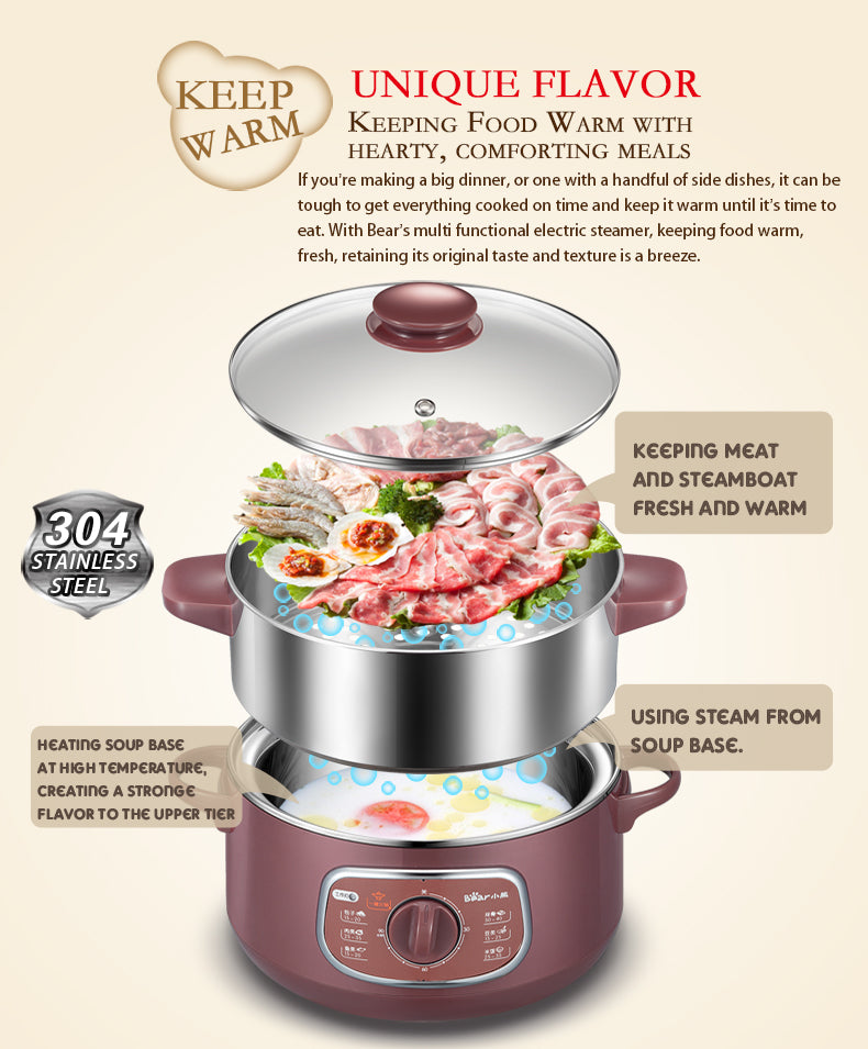 Bear 2 Tier Intelligent Electric Stainless Steel Food Steamer Convenient Steamer 8.0L 800Watt (DZG-D80A1) - PowerPacSG