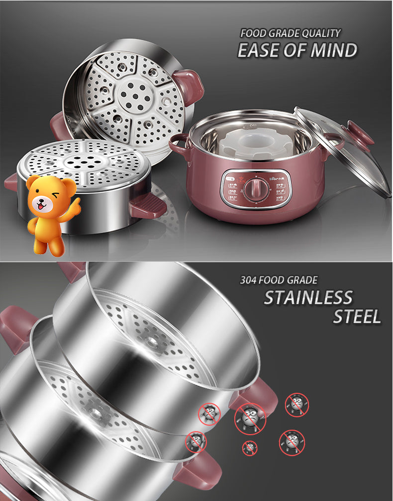 Bear 2 Tier Intelligent Electric Stainless Steel Food Steamer Convenient Steamer 8.0L 800Watt (DZG-D80A1) - PowerPacSG