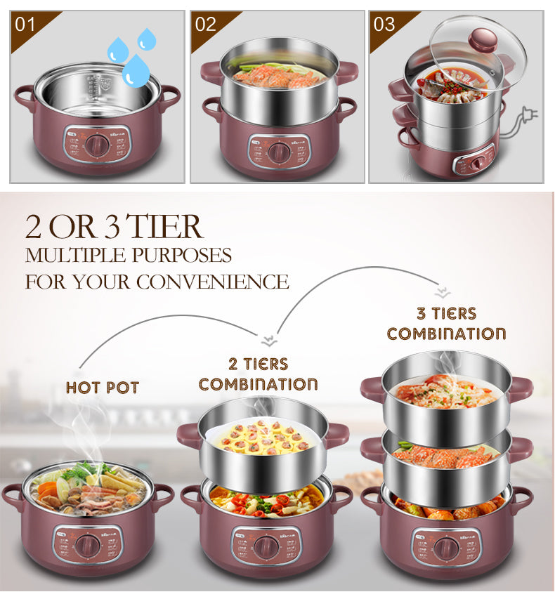 Bear 2 Tier Intelligent Electric Stainless Steel Food Steamer Convenient Steamer 8.0L 800Watt (DZG-D80A1) - PowerPacSG