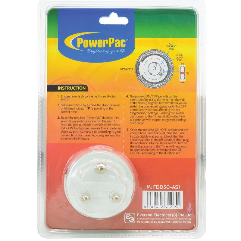 Mechanical 24hrs Timer plug for 15A Plug (FDD50-AS1) - PowerPacSG
