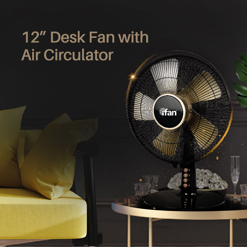 iFan 12” Desk Fan – 5 Blades, Turbo Fan, Vortex Airflow, Adjustable Tilt, Oscillation, Energy-saving, 3-Speed, black, IF403