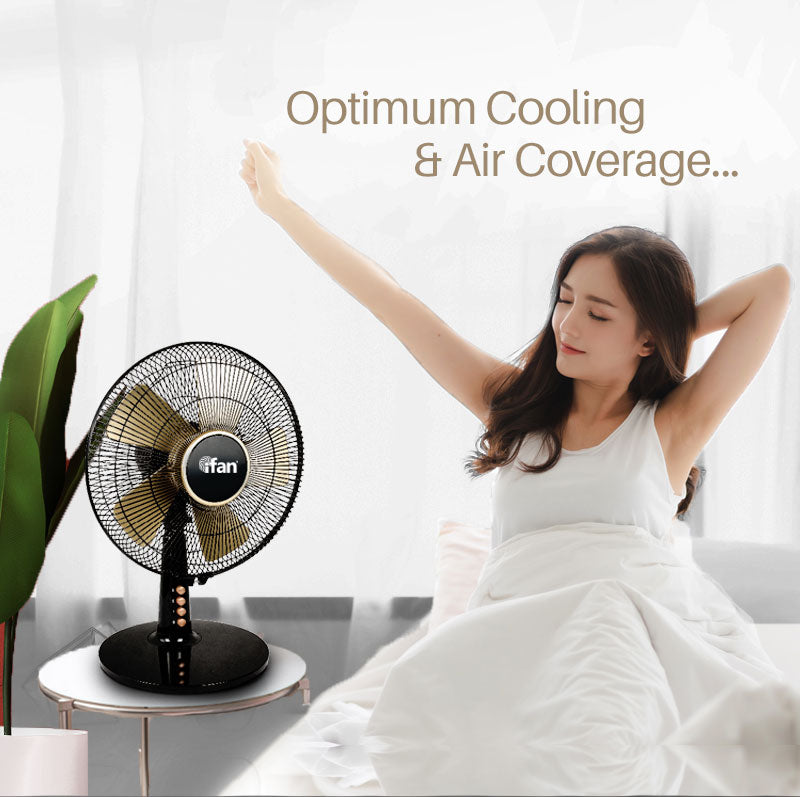 iFan 12” Desk Fan – 5 Blades, Turbo Fan, Vortex Airflow, Adjustable Tilt, Oscillation, Energy-saving, 3-Speed, black, IF403