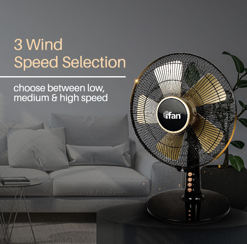 iFan 12” Desk Fan – 5 Blades, Turbo Fan, Vortex Airflow, Adjustable Tilt, Oscillation, Energy-saving, 3-Speed, black, IF403