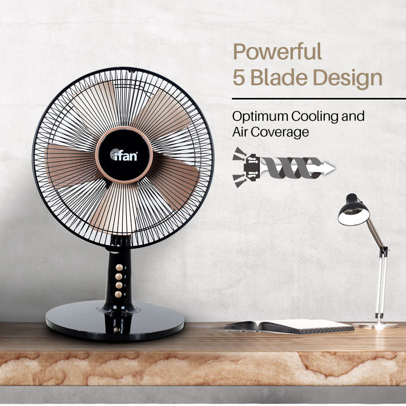 iFan 12” Desk Fan – 5 Blades, Turbo Fan, Vortex Airflow, Adjustable Tilt, Oscillation, Energy-saving, 3-Speed, black, IF403