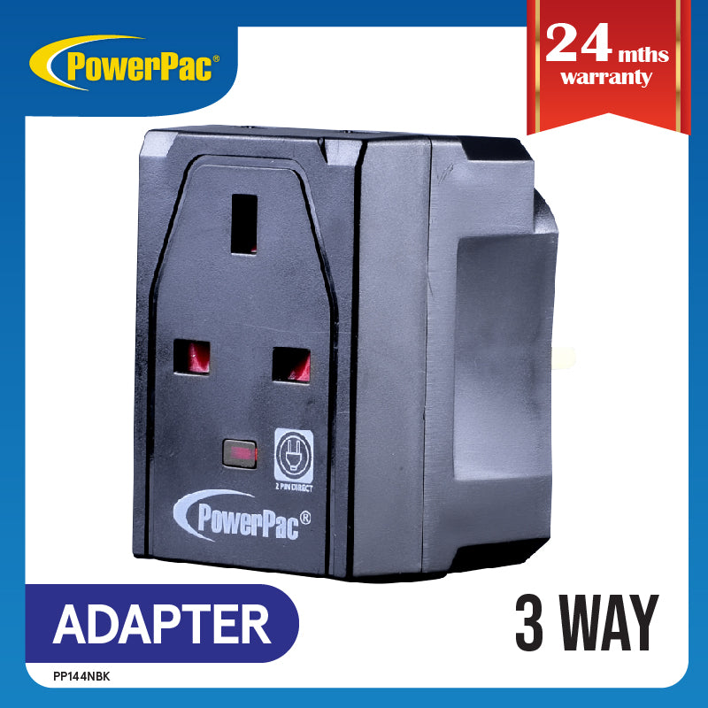 Adapter with 3-Pin Plug – 3-Way 3-Pin Sockets, Neon LED, PP144NBK