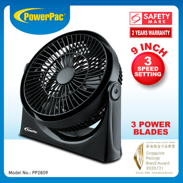 9" Air Circulator Fan – High Velocity, Powerful Airflow, Adjustable Tilt, Thermal Fuse Protection, 3-Speed, black, PP2809