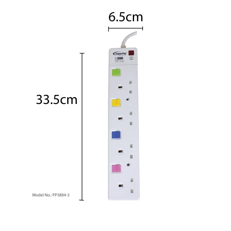 4 Way Safety Extension Socket 3 Meter with Individual Switch (PP3884-3) - PowerPacSG