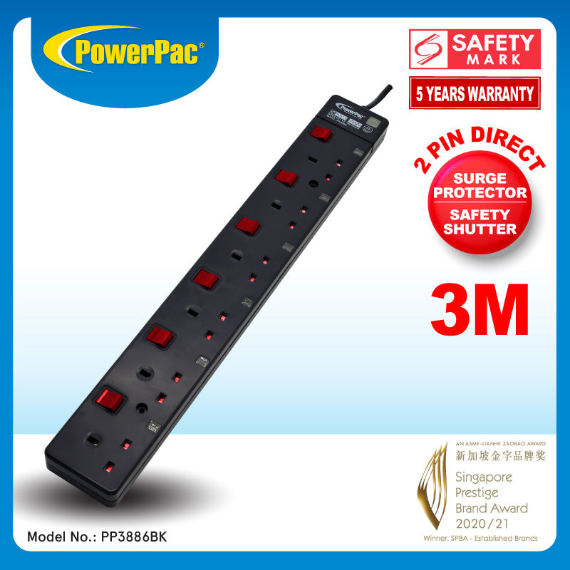 6 Way Safety Extension Socket 3 Meter with 2-Pin direct. (PP3886BK)