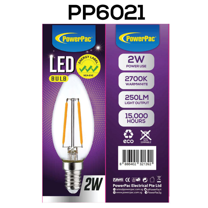 2 Pieces x PowerPac 2W E14 LED Bulb - Warm White (PP6021) - PowerPacSG
