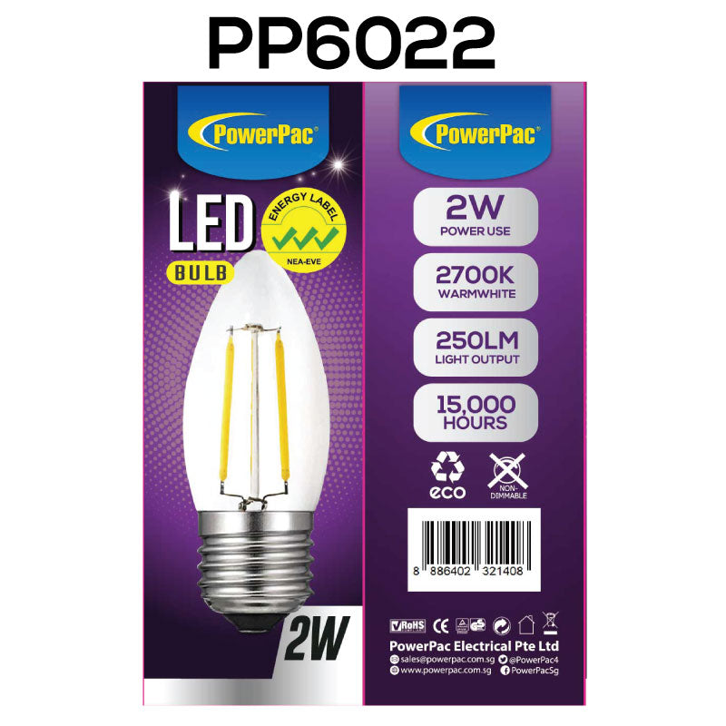 2 Pieces x PowerPac 2W E27 LED Bulb - Warm White (PP6022) - PowerPacSG
