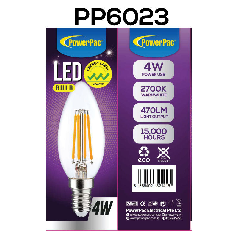 2 Pieces x PowerPac 4W E14 LED Bulb - Warm White (PP6023) - PowerPacSG