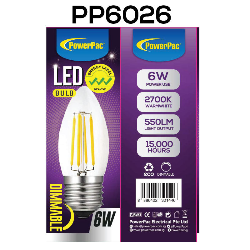2 Pieces x PowerPac 6W E27 Dimmable LED Bulb - Warm White (PP6026) - PowerPacSG