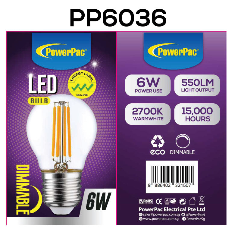 2 Pieces x PowerPac 6W E27 Dimmable LED Bulb - Warm White (PP6036) - PowerPacSG