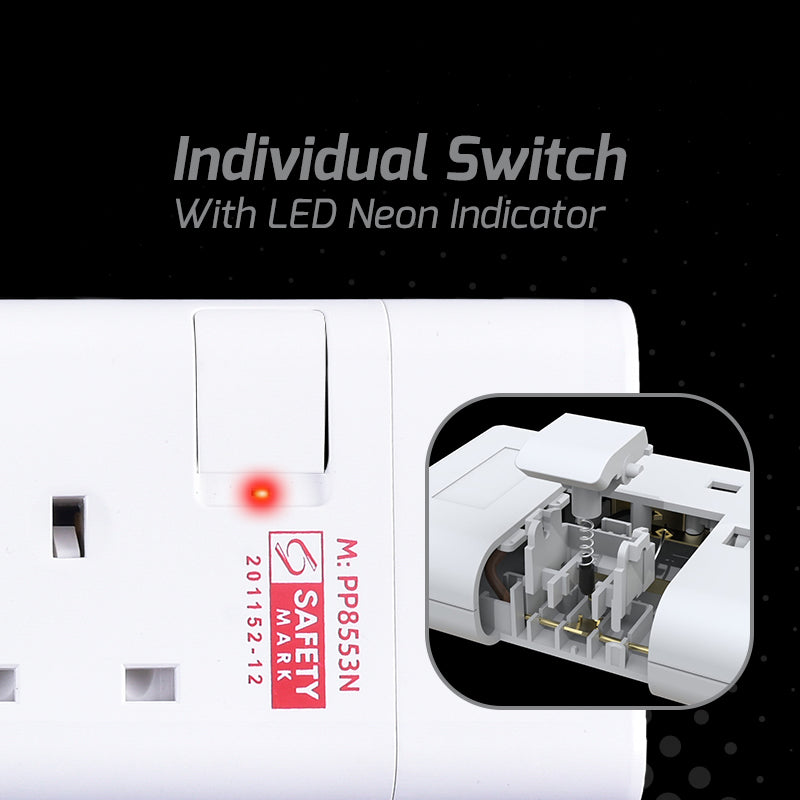 3 Way Extension Cord, Extension Socket, Safety Mark 3 Meter (PP8553N) - PowerPacSG