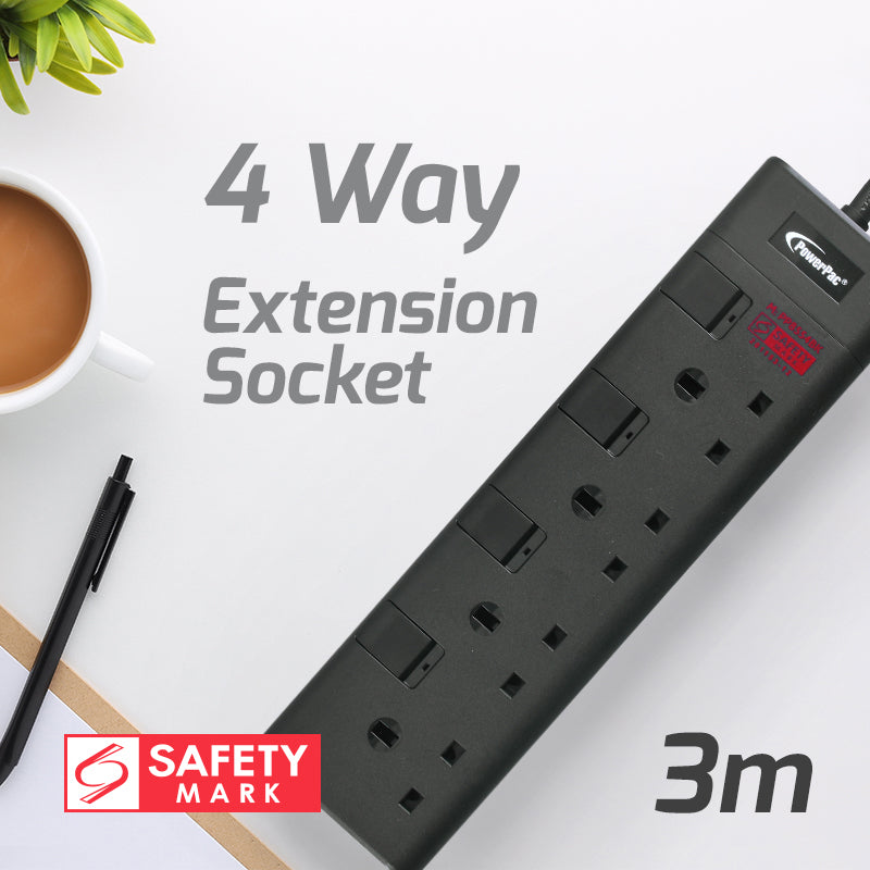 4 Way Extension Cord, Extension Socket, Safety Mark 3 Meter (PP8554BK) - PowerPacSG