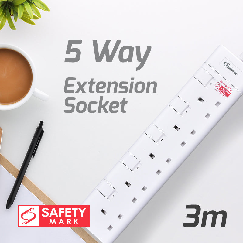 5 Way Extension Cord, Extension Socket, Safety Mark 3 Meter (PP8555N) - PowerPacSG