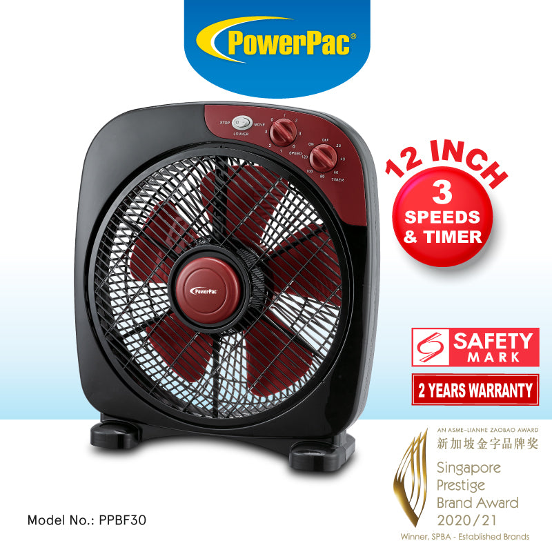12" Box Fan – 5 blades, Adjustable Louver, Oscillation, Timer, Safe & Energy-efficient, 3-Speed, black & red, PPBF30