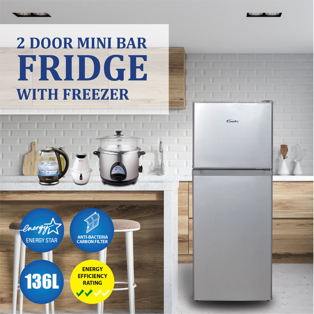 136L 2 Door Mini Bar Fridge with Freezer (PPF136) - PowerPacSG